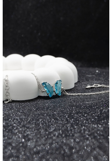 Turkuaz Mavisi Kelebek Özel Taşlı 925 Ayar Gümüş Ayarlanabilir Bileklik - Gümüş