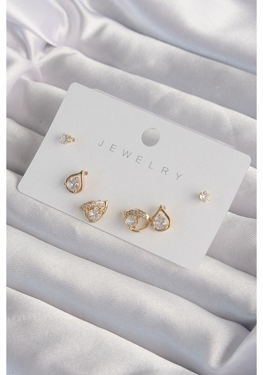 Pirinç Gold Renk Zirkon Taşlı Damla Model Küpe Seti - Ebj240820w26721 Diğer