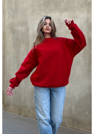Şeker Pembe Basic Bisiklet Yaka Oversize Sweatshirt Kırmızı