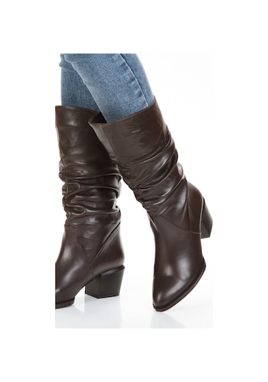 Hakiki Deri İçi Tay Tüyü Astarlı Büzgülü Körüklü Kahverengi Çizme Kahverengi