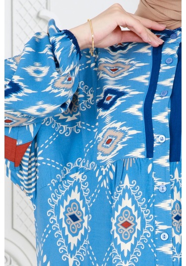 Yarım Düğmeli Robalı İkat Desen Elbise-mavi-4006 - Mavi