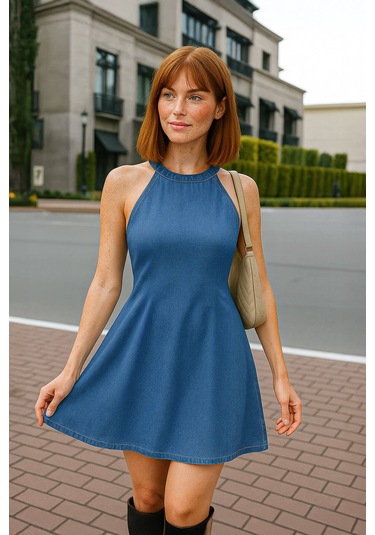 Kadın Halter Yaka Düz A Kesim Jean Elbise Mavi