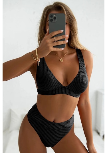 Angelsin Özel Kumaş Bikini Üstü Siyah