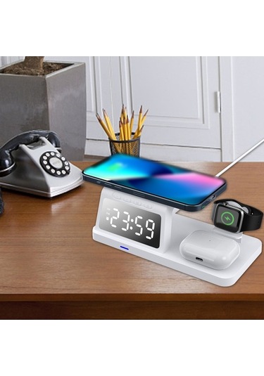 Pazly 5 İn 1 15w Usb Saatli Kablosuz Çok İşlevli Hızlı Şarj Cihazı - Dijital Çalar, Kulaklık Ve Telefon Şarj İstasyonu