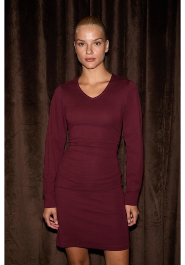 Grımelange Odovıo Kadın V Yakalı Büzgü Detaylı Esnek Kumaşlı Kısa Bordo Elbise Bordo