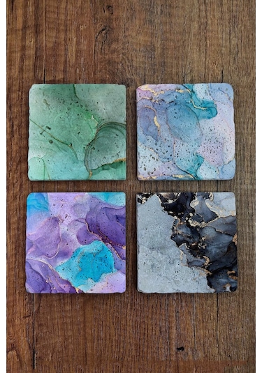 Doğal Taş Bardak Altlığı Mermer Desenleri Baskılı 4'lü Set Stone Coasters Çok Renkli