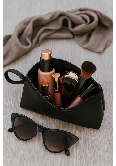 Siyah Deri Makyaj Çantası Kozmetik Seyahat Valizi Çanta Organizeri Orta Boy Düzenleyici Siyah