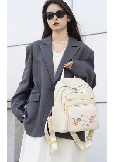 Lixiaqu01 Beige Moda Naylon Sırt Çantası Kadınlar Için Nakış Beyaz