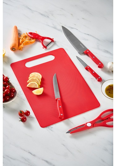 Karaca Sharp 6 Parça Kesme Tahtalı, Makaslı Bıçak Seti Kırmızı Kırmızı