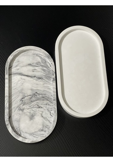2'li Dekoratif Oval Sunumluk Seti, Dekoratif Biblo Takı Tabağı, Saksılık,tütsülük,mumluk - Krem-mermer Desenli