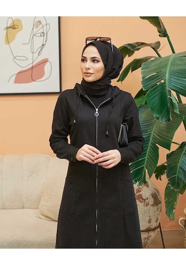 Neways 6463-denim Kapşonlu Ferace Siyah