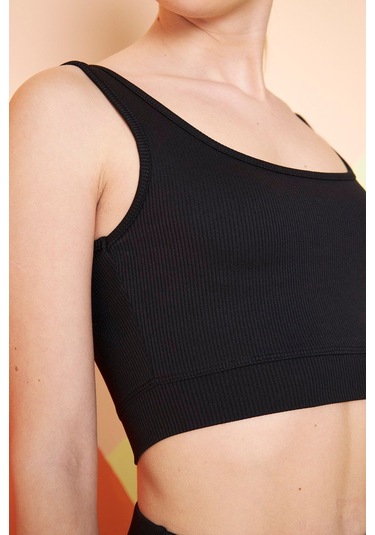 Yeşil Fitilli Kare Yaka Esnek Örme Crop Büstiyer Atlet Siyah