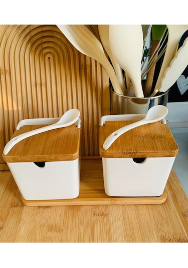 Morponi 2'li Bambu Standlı Bambu Kapaklı Porselen Kaşıklı Tuzluk Biberlik 260 Ml Gnl Ahşap