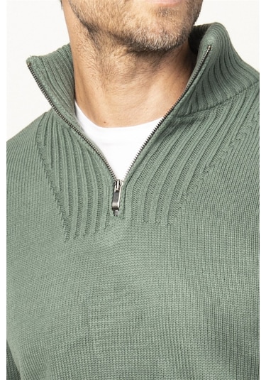 Tudors Slim Fit Dar Kesim Dik Yaka Fermuarlı Erkek Kazak-26349 Yeşil