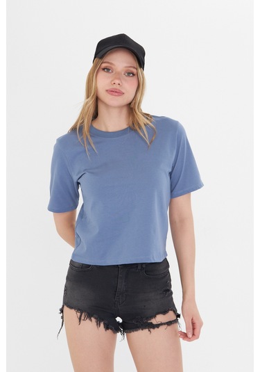 Kadın Siyah Yuvarlak Yaka Regular Fit Normal Kesim T-shirt Tişört Mavi