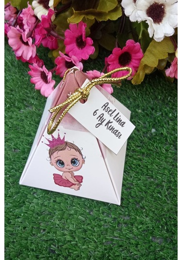 30 Adet Gold İpli Pembeli Kız Piramit Kutu - 6 Ay Kınası - Lokum