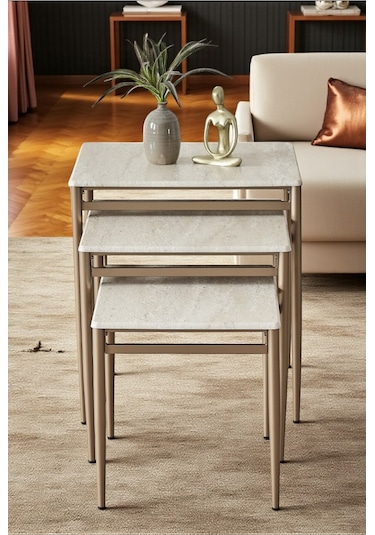 Diva Serisi 1. Sınıf Mebran Mdf 3 Lü Zigon Sehpa Takımı Gold Bronz