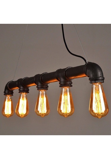 Endüstriyel Malzeme Demir Boru Sarı Ampulden, Rustik Avizel Siyah