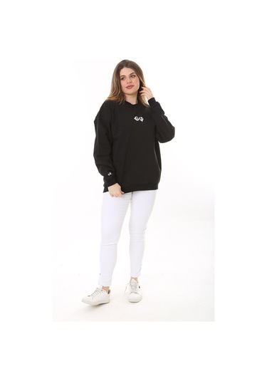 Kadın Büyük Beden Siyah Pamuk Kumaş Arka Baskılı Sweatshirt 65n37618-siyah Siyah