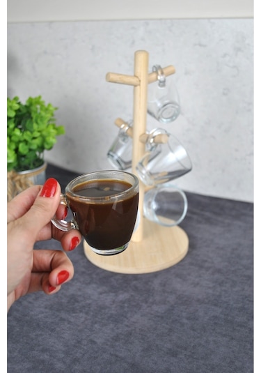 6 Kişilik Ahşap Standlı Mini Kahve Bardağı Seti 75 Ml Paşabahçe Espresso Bardak Şeffaf