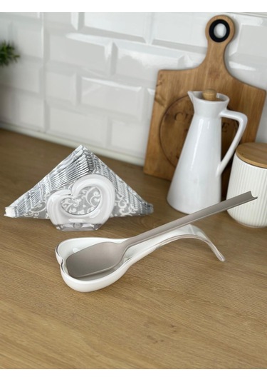 Okyanus Home Çift Baskı Kepçe Kaşık Altlığı Ve Peçetelik Beyaz Beyaz