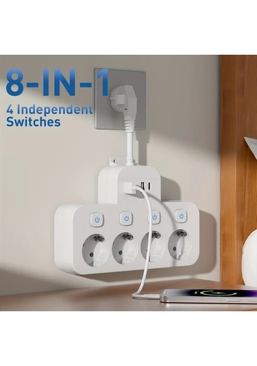 Xuweiwei 8li Güç Şeridi Siyah 4 Ac Çıkış 3 Usb Bağlantı 1 Tip-c Kompakt Duvara Monte Edilebilir Ofis Ev Seyahat İçin Avrupa Standart Fiş