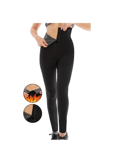 Kadın Ekstra Yüksek Bel Agraflı Sauna Termal Inceltici Zayıflama 3 Kademeli Agraflı Tayt Siyah
