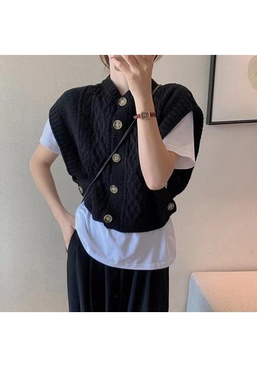 Siyah Kore Şık Vintage Büküm Kolsuz Kazak Yelek Kadın Sonbahar Kış Örme Yelek Yelekler Kadın Düğme O Boyun Triko 29143 Siyah