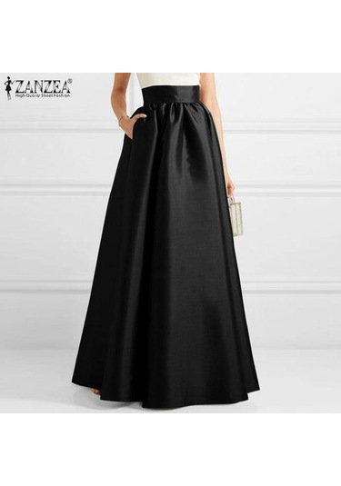 Zanzea Kadın Moda Yüksek Bel A-line Saten Etekler Düz Renk Parti Uzun Etekler Şarap Kırmızısı Kırmızı