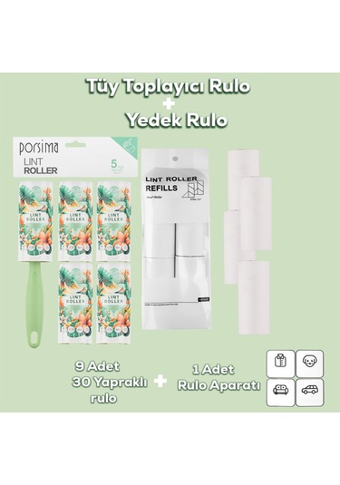Porsima 3107 Kedi Köpek Tüy Toplayıcı Rulo + 8 Adet Yedek Rulo Ye