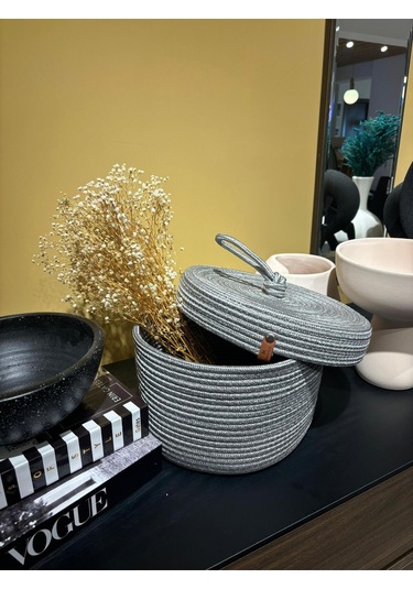 Walnut Kapaklı Jüt Sepet Gri