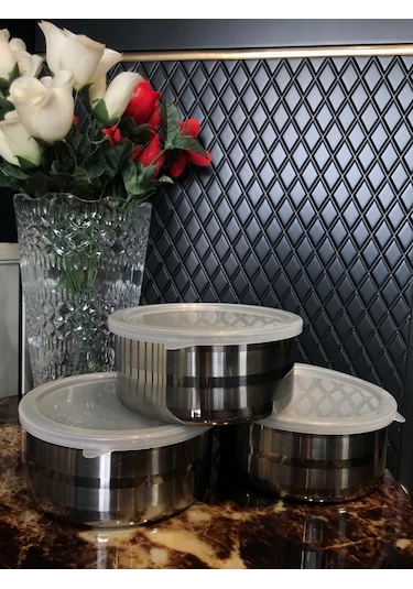 3'lü Paslanmaz Çelik Saklama Kabı 14 CM Gri