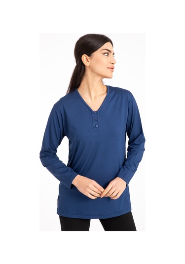 Kadın Orta Yaş ve Üzeri Dört Mevsim V Yaka Rahat Kalıp Likralı Viskoz Anne Penye Bluz 140-İndigo Indigo