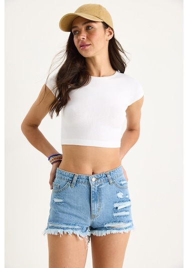 Shade Kadın Cep Detaylı Püsküllü Yırtık Denim Şort 60283399 - Mavi