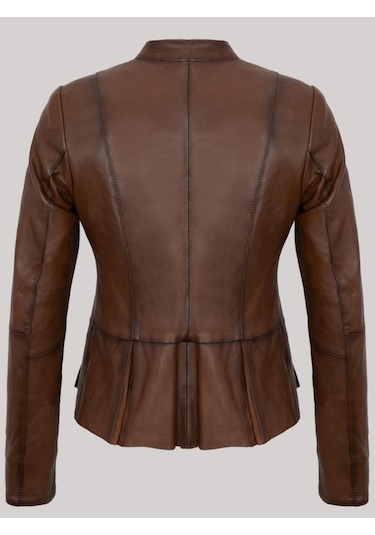 Hakiki Deri Kahverengi Bel Detay İşlemeli Fermuarlı Kadın Deri Ceket Kahverengi
