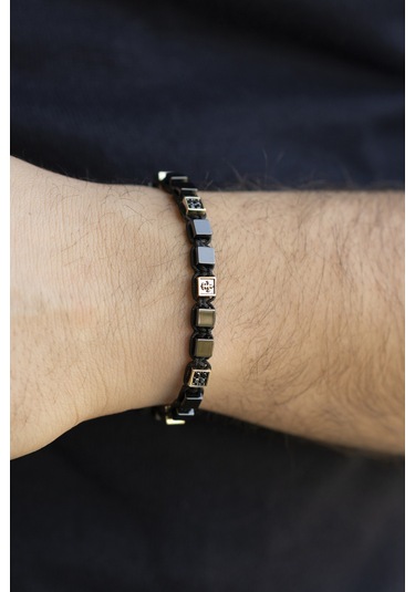 Seramik Ve 14 Ayar Altın Erkek Bilekliği N11.5088 Pembe Altın - Siyah