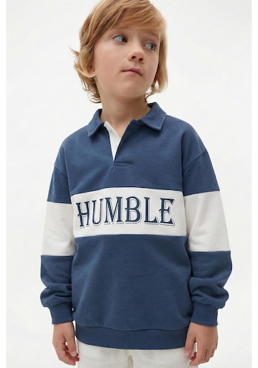 Cigit Polo Yaka Baskılı Erkek Çocuk Sweatshirt - Lacivert