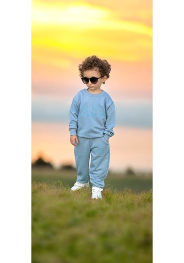 Bebe Mavi Slogan Yazılı 3 İplik Alt Üst 2 Parça Eşofman Takımı Yeni Sezon