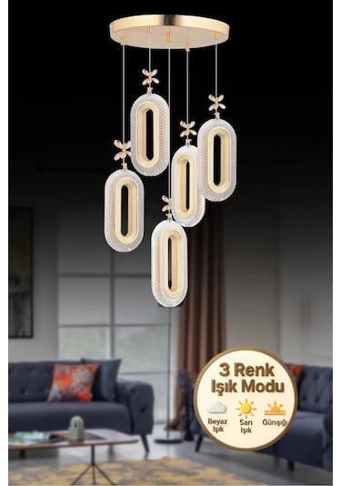 Alfa Led 5'li Gold 3 Renk Ledli Kristal Taşlı Modern Led Avize Gold