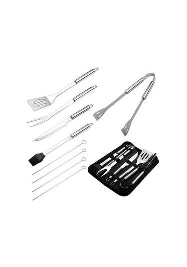 Pazly Barbekü Izgara Seti 9 Parçalı Paslanmaz Çelik Kombinasyon Gümüş Saklama Çantası Gümüş