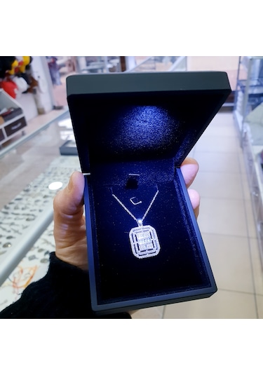 925 Ayar Gümüş Büyük Boy Baget Model Beyaz Taşlı Gümüş Kolye