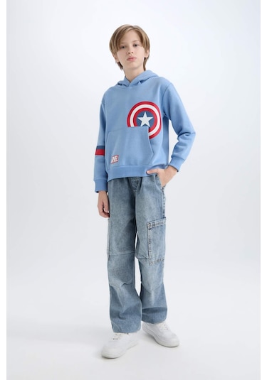 Defacto Erkek Çocuk Marvel Avengers Regular Fit Kapüşonlu Kalın Sweatshirt Kumaşı Sweatshirt D4717a8nsbe756 Mavi