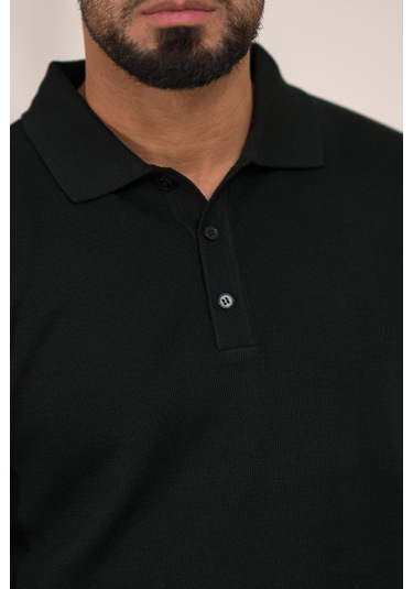 Woolen World Polo Yaka Düz Renk Yünlü Erkek Triko Kazak Siyah