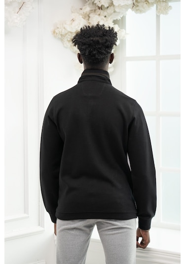 San&Fa Regular Fit Biyeli Fermuarlı Dik Yaka Armürlü Pamuklu Sweatshirt Siyah