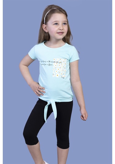 Toontoy Kız Çocuk Papatya Desenli Baskılı Taytlı Takım Su Yeşili