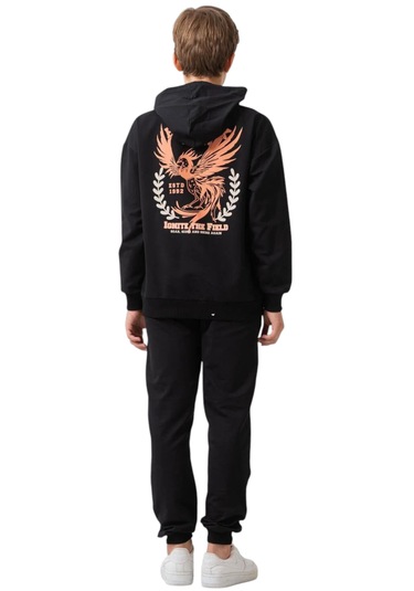 Erkek Çocuk Sırtı Anka Kuşu Detaylı Kanguru Cepli Kapüşonlu Siyah Renk Eşofman Takımı 3333 Siyah