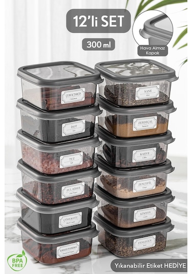 Meleni Home 12'li Kapaklı Kare Erzak Saklama Kabı Seti Baharatlık Seti Etiketli 12x 300 Ml Antrasit