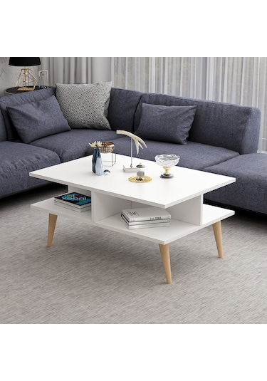 Dekorosso Poloo Ahşap Ayaklı Modern Dekoratif Orta Sehpa Beyaz