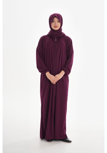 Şallı Fermuarlı Pratık Namaz Elbısesı Murdum Mürdüm