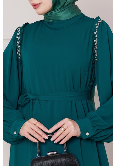 Omuzu Taş Detaylı Rose Elbise-zümrüt Yeşili-4777 Zümrüt Yeşili
